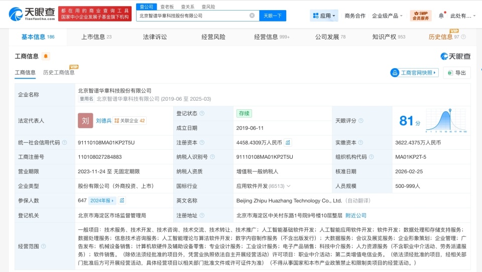 智譜AI完成新一輪增資，注冊資本增至4458.4萬元，發力數字內容制作服務
